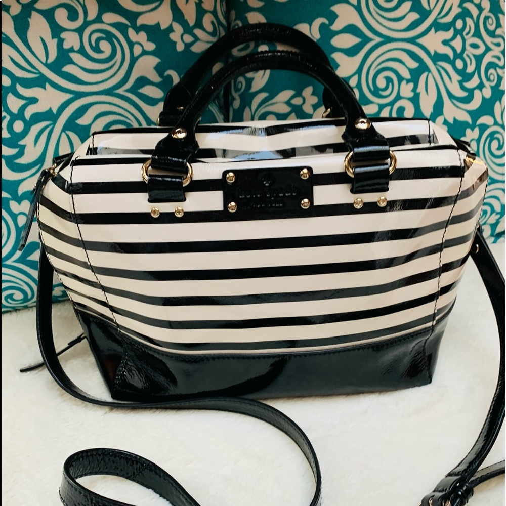 Kate Spade Black & White Striped Patent Leather  Bag